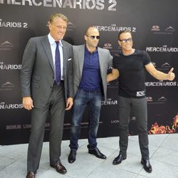 Jason Statham, Jean Claude Van Damme y Dolph Lundgren en la presentación de 'Los Mercenarios 2' en Madrid