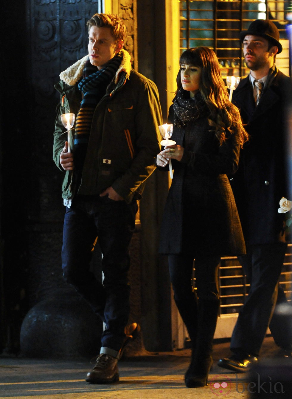 Lea Michele y Chord Overstreet en la grabación de 'Glee'