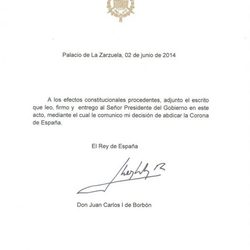 Documento con la abdicación del Rey Juan Carlos