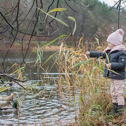 La Princesa Estela de Suecia jugando con los patos del parque del Palacio de Haga